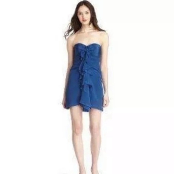 NNWT BCBGMaxAzria Ink Blue Strapless Silk Mini Dress with Ruffles/Bow Size 12 - Picture 2 of 11